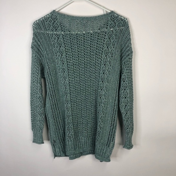 Chico’s aqua semi sheer crochet sweater drop shoulder long sleeve M (Chico’s 1) - Picture 6 of 12